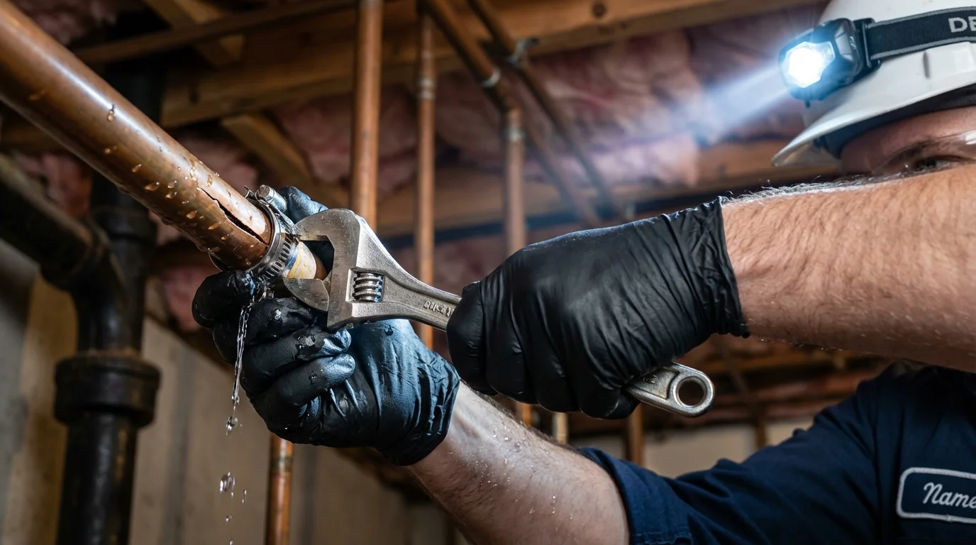 Emergency pipe clamp repair being performed by a Johns Plumbing LLC plumber in Long Beach