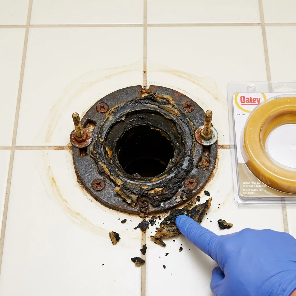 Failed wax ring showing water seepage at the base of a toilet in a Long Beach, WA home