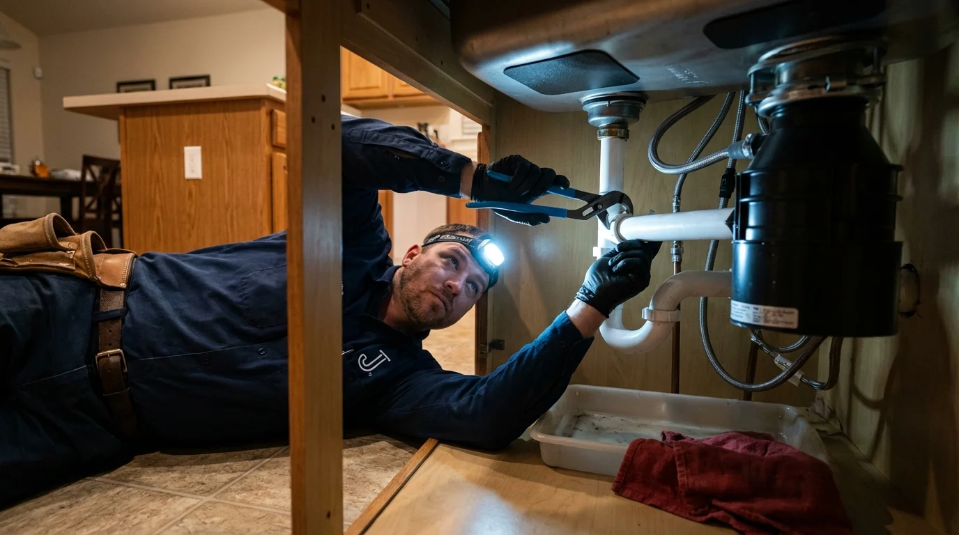 P-trap and supply line connections under a kitchen sink showing a common leak point in Long Beach, WA